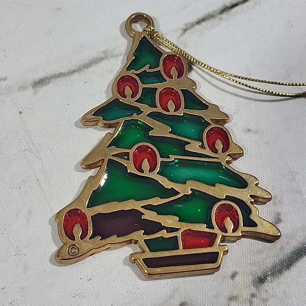 Stained Glass Christmas Tree Holiday Ornament Gold Tone Traditional